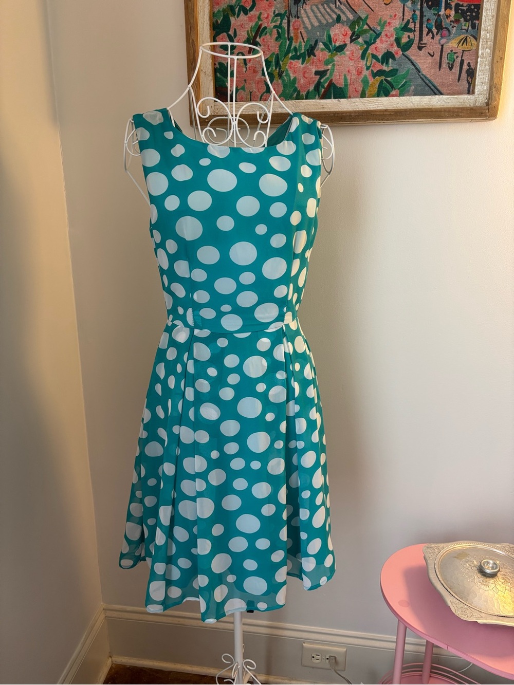 Sleeveless Teal Polka Dot Midi Dress